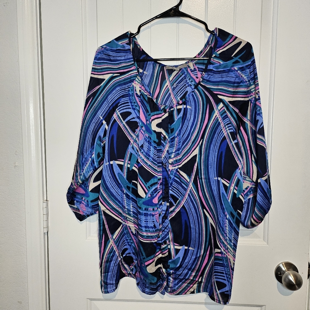 ​NY Collection Woman 1X Abstract Blouse Navy Blue Pink Sheer Tunic